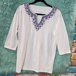 Talbots Petite White And Purple 3/4 Sleeve V Neck Top Size Mp